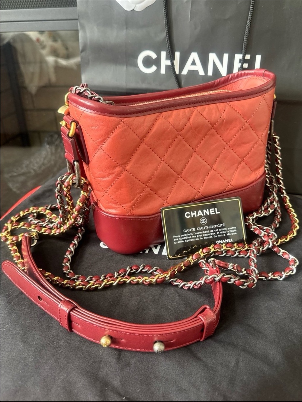 CHANEL Red Quilted Leather Crossbody with CC Charm and Chain Strap - Picture 10 of 13